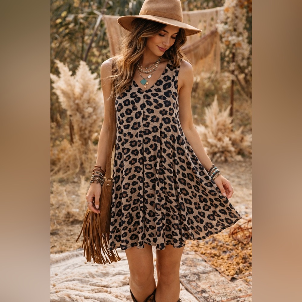 Premise Leopard Print V-Neck Swing Dress - grey and black very comfortable EUC